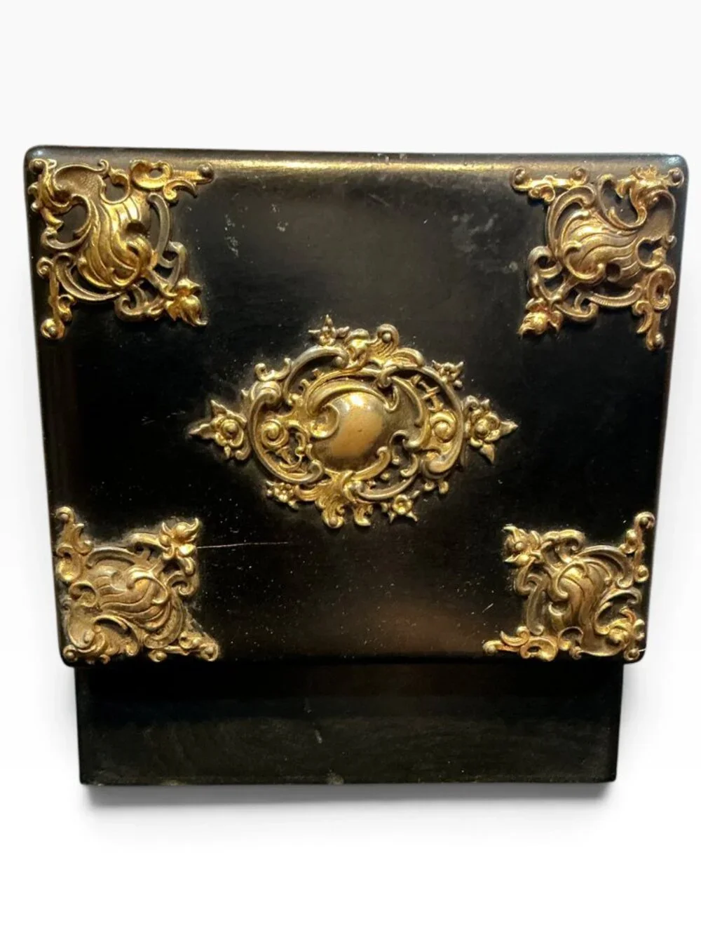 Antique C1900 Jewelry Casket Box Black Wood Brass Ormolu Red Satin Interior